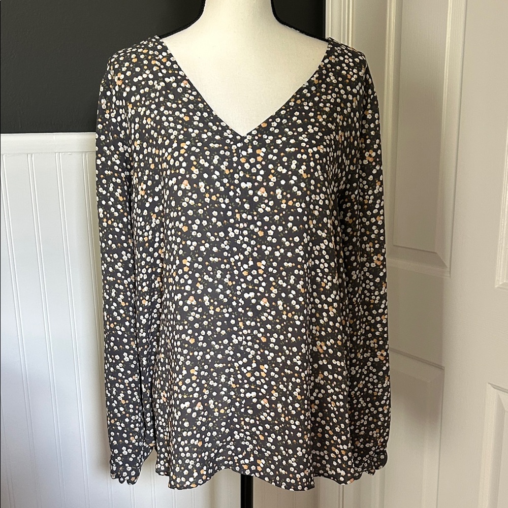 LOFT Black V-Neck Blouse with White and Tan Dot Print